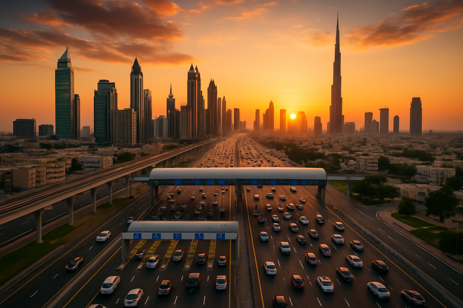 Aerial view of a busy Dubai toll road at sunset