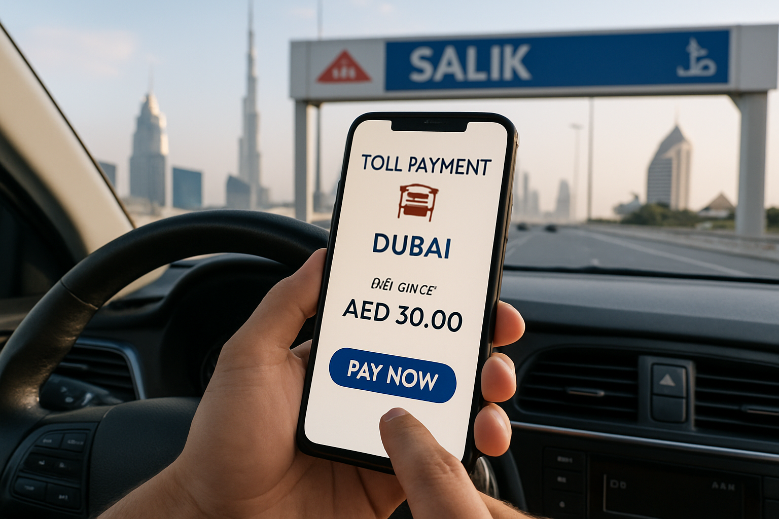 Driver using a mobile app to manage toll payments in Dubai